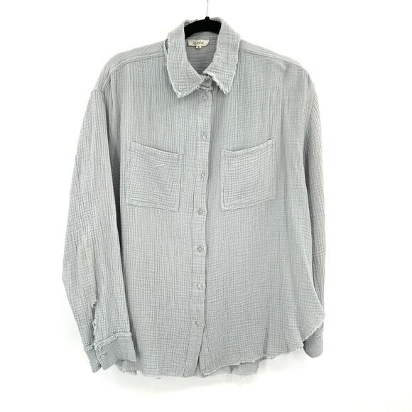 LA MIEL Women's Blue Gray Gauzy Oversized Button Up Long Sleeve Shirt Size Small - Picture 1 of 6